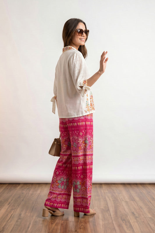 White Boho Chic Embroidered Shirt and Pink Printed Palazzo Co-ord Set