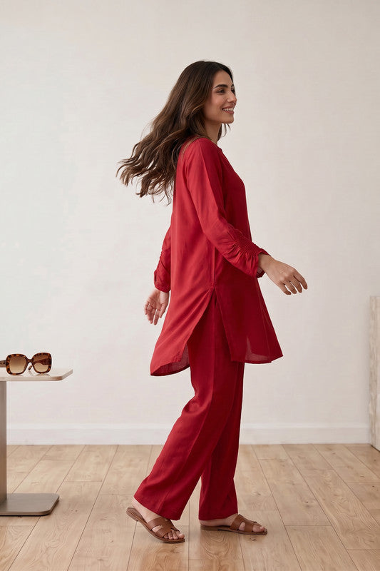 Red Urban Chic Solid Refined Silhouette Tunic & Trouser Russian Silk Co-ord Set