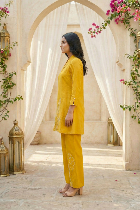 Mustard Yellow Leaf Embroidered Cotton Flex Co-ord Set