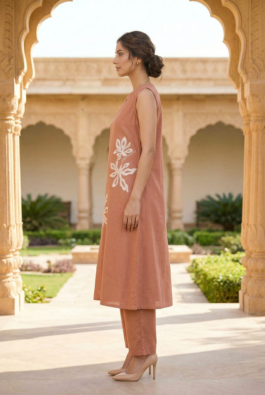 Peach Floral Embroidered Sleeveless Straight Cotton Co-ord Set