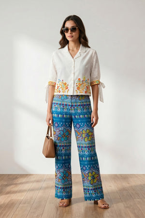 White Heritage Motif Embroidered Shirt & Blue Printed Trouser Cotton Co-ord Set