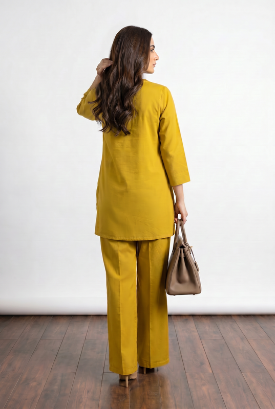 Mustard Floral Appliqué V-Neck Cotton Co-Ord Set