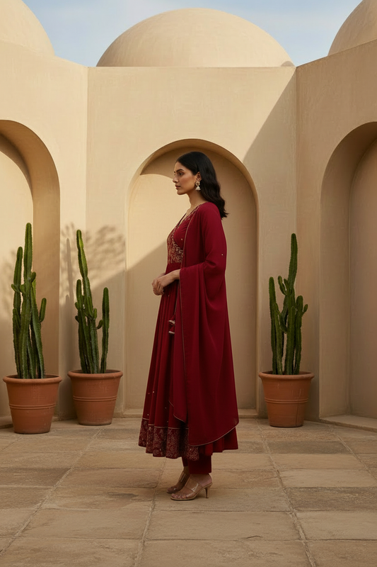 Wine Red Embroidered Kurta Pant Set with Dupatta
