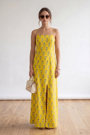 Yellow Printed Spaghetti Strap Sleeveless Straight Fit Beachwear Russian Silk Dress