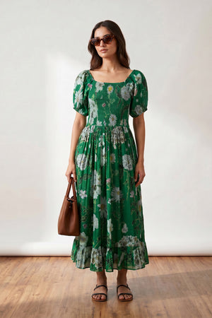 Emerald Green Printed Floral Inspired Puff Sleeve Summer Resort Russsian Silk Dress