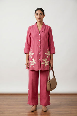 Rose Pink Leaf Embroidery Cotton Co-ord Set with Straight Fit Pants