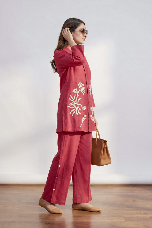 Fuchsia Floral Embroidery Shirt Collar Cotton Flex Co-ord Set