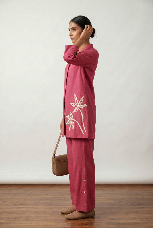 Rose Pink Leaf Embroidery  Cotton Flex  Co-ord Set with Straight Fit Pants