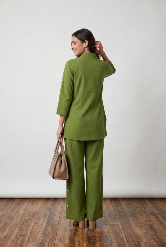 Olive Green Floral Applique Cotton Co-Ord Set