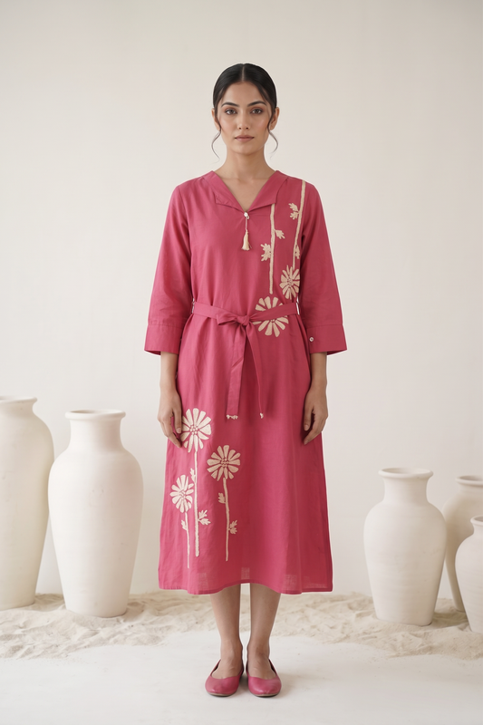 Rose Pink Cotton Flex Floral Embroidered  Dress