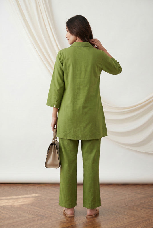 Green Cotton Flex Co-ord Set with Floral Embroidered & Straight Pants