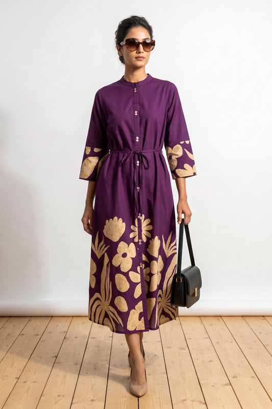 Purple Floral Printed Tie-Up Waist A-Line Cotton Midi Dress