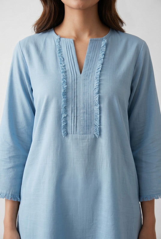 Sky Blue Solid Lace Detail V-Slit Neck Ethnic Cotton Co-ord Set for Women