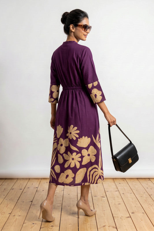 Purple Floral Printed Tie-Up Waist A-Line Cotton Midi Dress