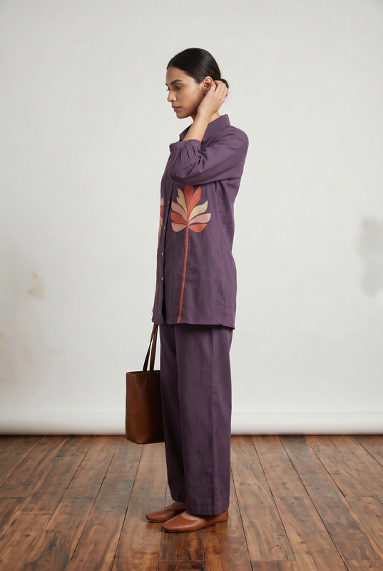 Deep Purple Abstract Leaf Embroidered Cotton Co-Ord Set