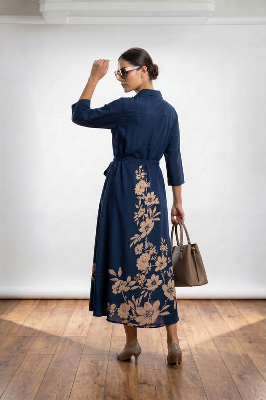 Navy Blue Floral Printed Shirt Collar Belted Russian Silk Midi Dress