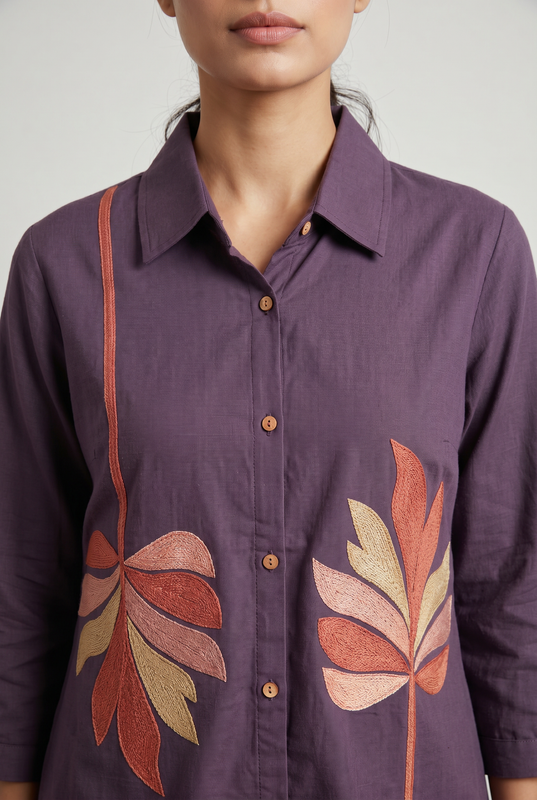 Deep Purple Abstract Leaf Embroidered Cotton Co-Ord Set