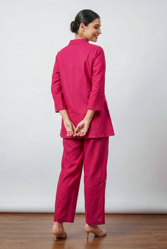 Pink Floral Embroidered Shirt Collar Button-Down Cotton Co-ord Set