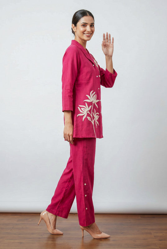 Pink Floral Embroidered Shirt Collar Button-Down Cotton Co-ord Set