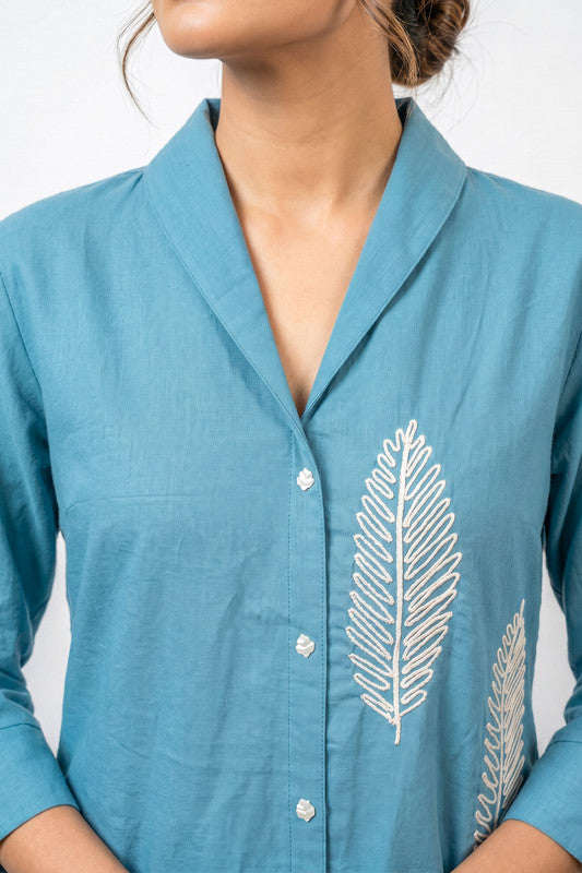 Sky Blue Nature-Inspired Leaf Embroidered Button-Down Tunic & Trouser Cotton Co-ord Set