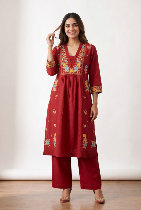 Maroon Floral Premium Embroidered A-Line Cotton Flex Kurta with Wide-Leg Pants