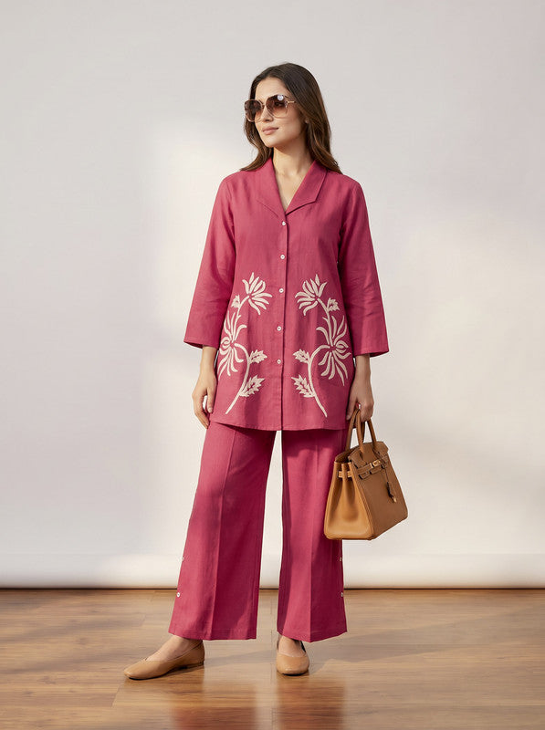 Fuchsia Floral Embroidery Shirt Collar Cotton Flex Co-ord Set