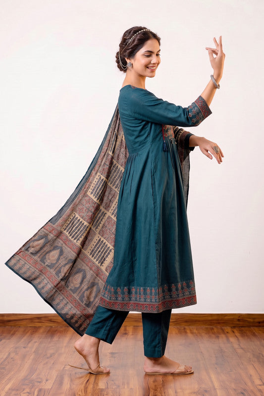 Teal Ethnic Fusion Printed Festive Wear Cotton Kurta Set with Printed Dupatta
