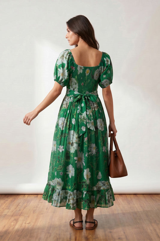 Emerald Green Printed Floral Inspired Puff Sleeve Summer Resort Russsian Silk Dress