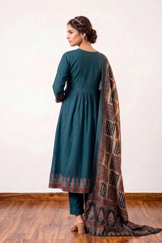 Teal Ethnic Fusion Printed Festive Wear Cotton Kurta Set with Printed Dupatta