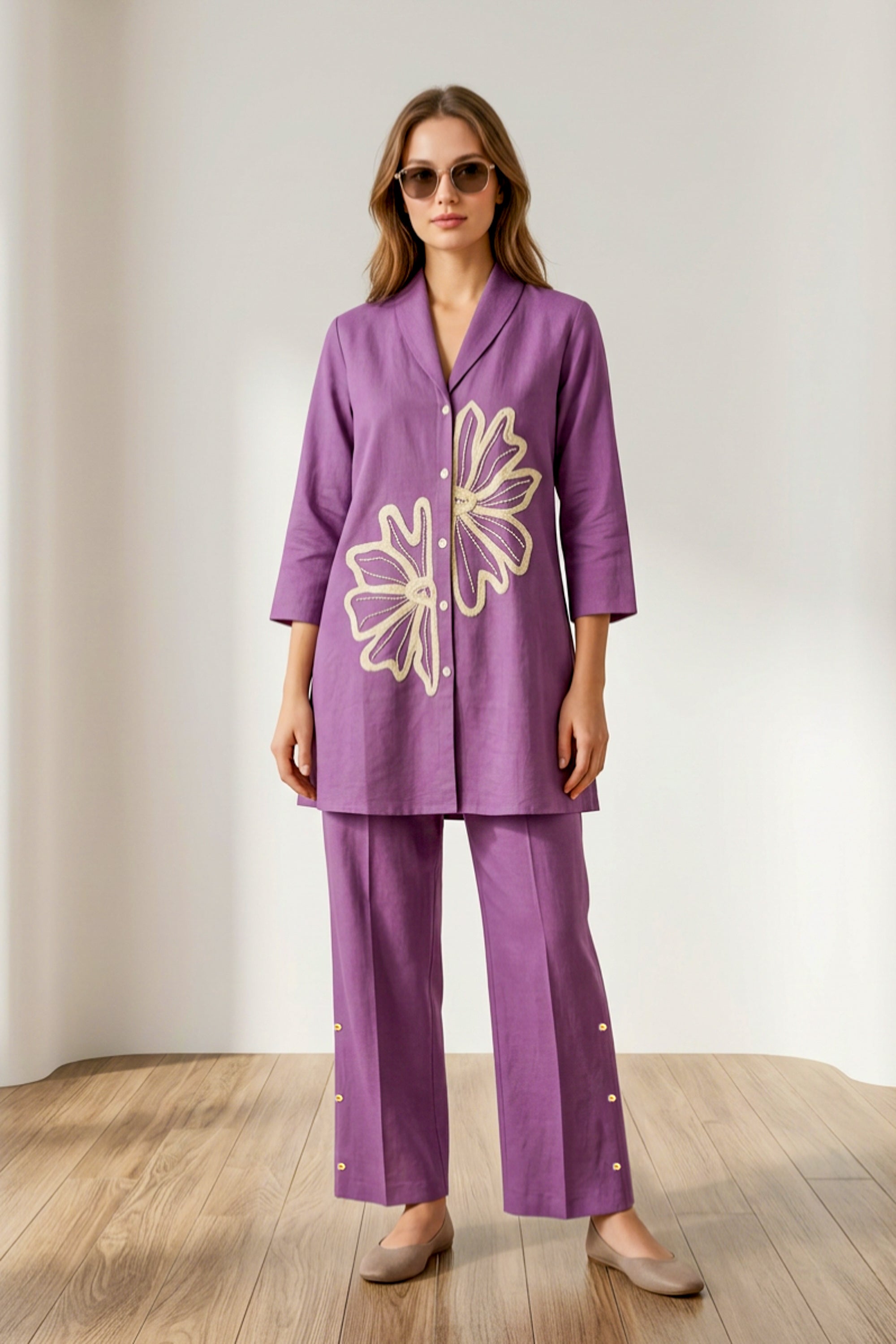 Purple Floral Embroidered Shirt Style Cotton flex Co-Ord Set