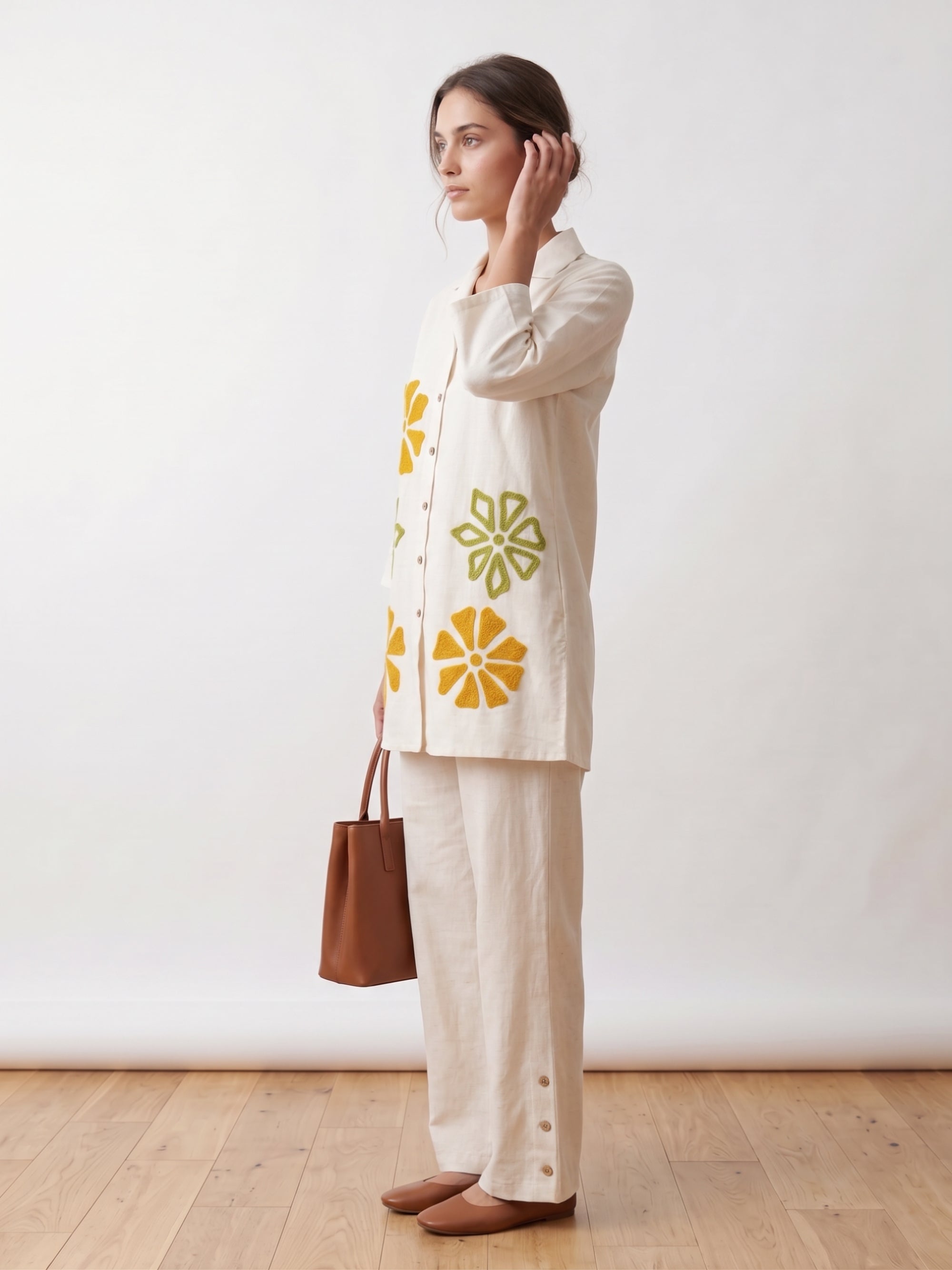 Off White Floral Embroidery Cotton Flex Co-ord Set