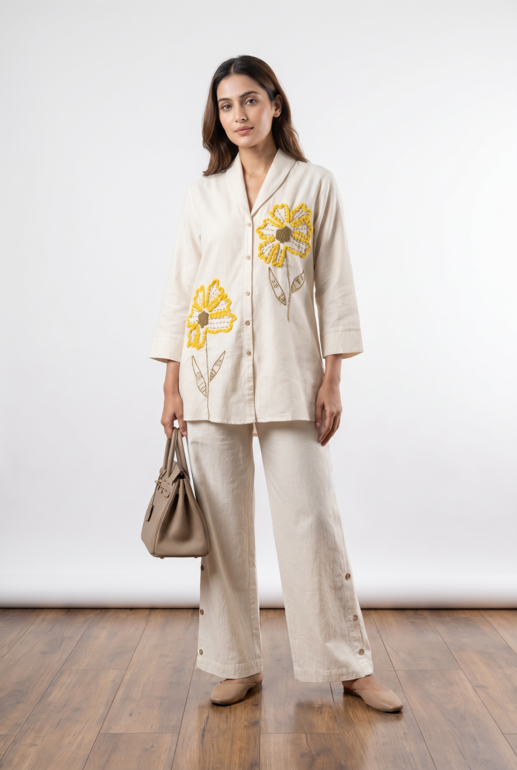 Ivory Floral Applique Cotton Flex Co-Ord Set