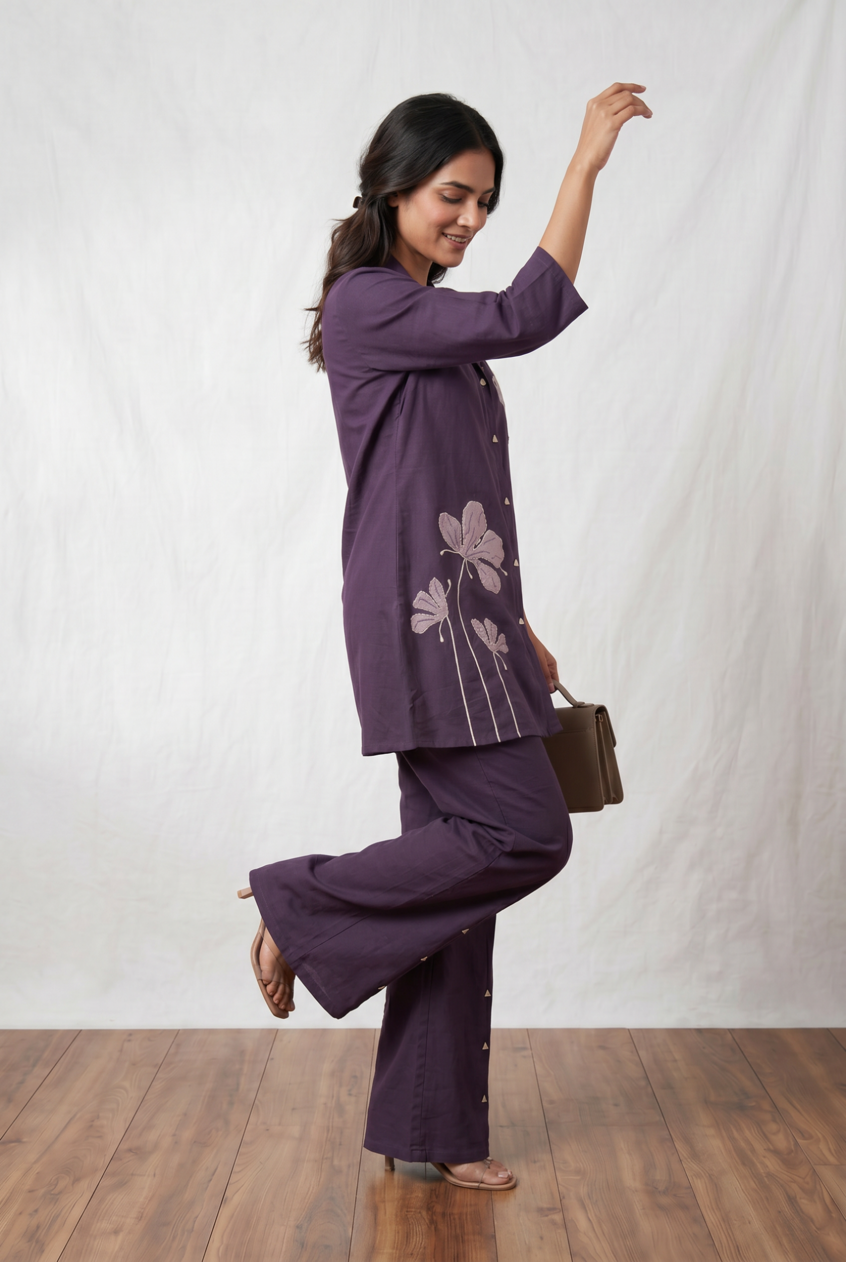 Purple Floral Applique Cotton Flex Co-Ord Set