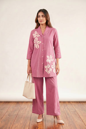 Pink Floral Embroidery Shirt Collar Cotton Flex Co-ord Set