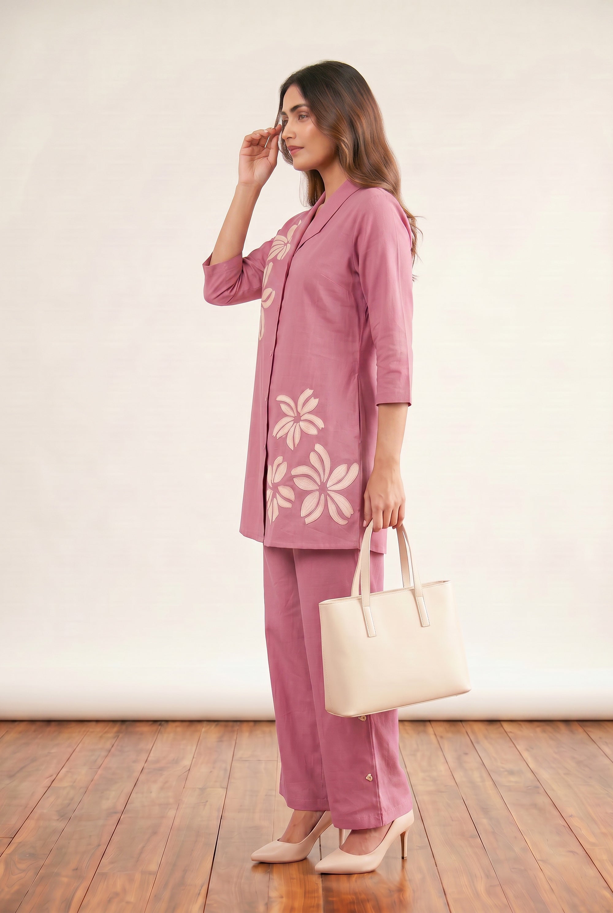 Pink Floral Embroidery Shirt Collar Cotton Flex Co-ord Set