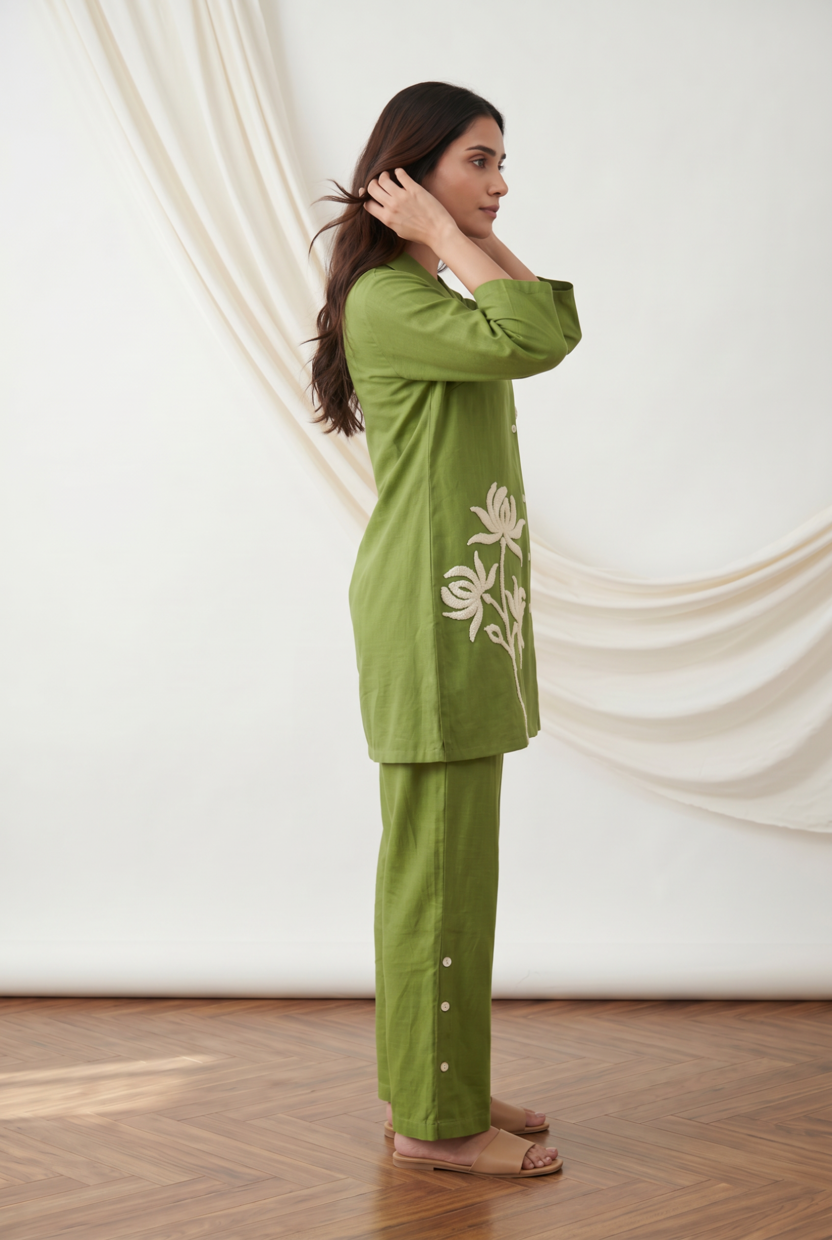 Green Cotton Flex Co-ord Set with Floral Embroidered & Straight Pants