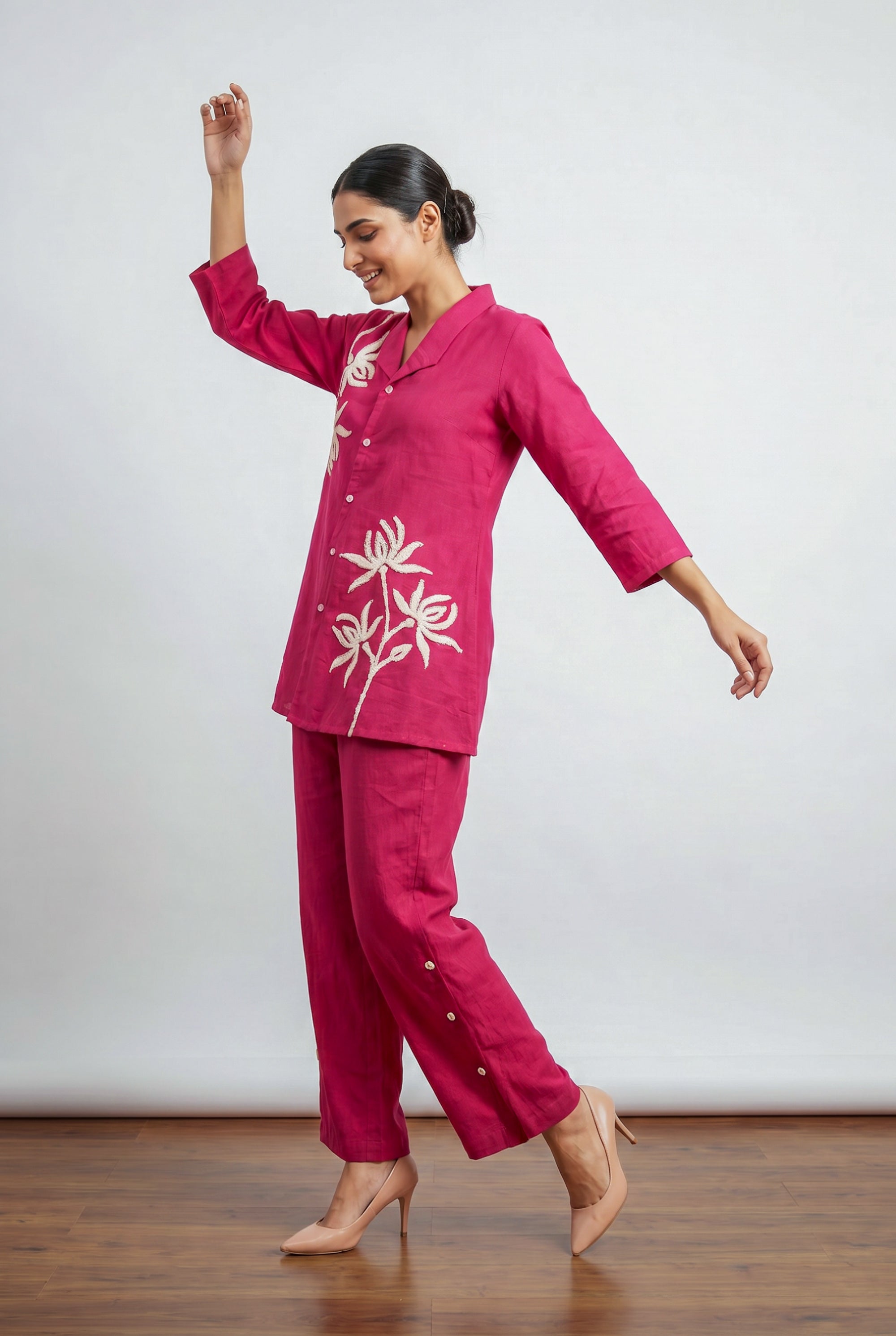 Pink Floral Embroidered Shirt Collar Button-Down Cotton Co-ord Set