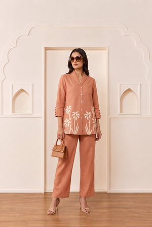 Peach Palm Bloom Cotton Flex Co-Ord Set