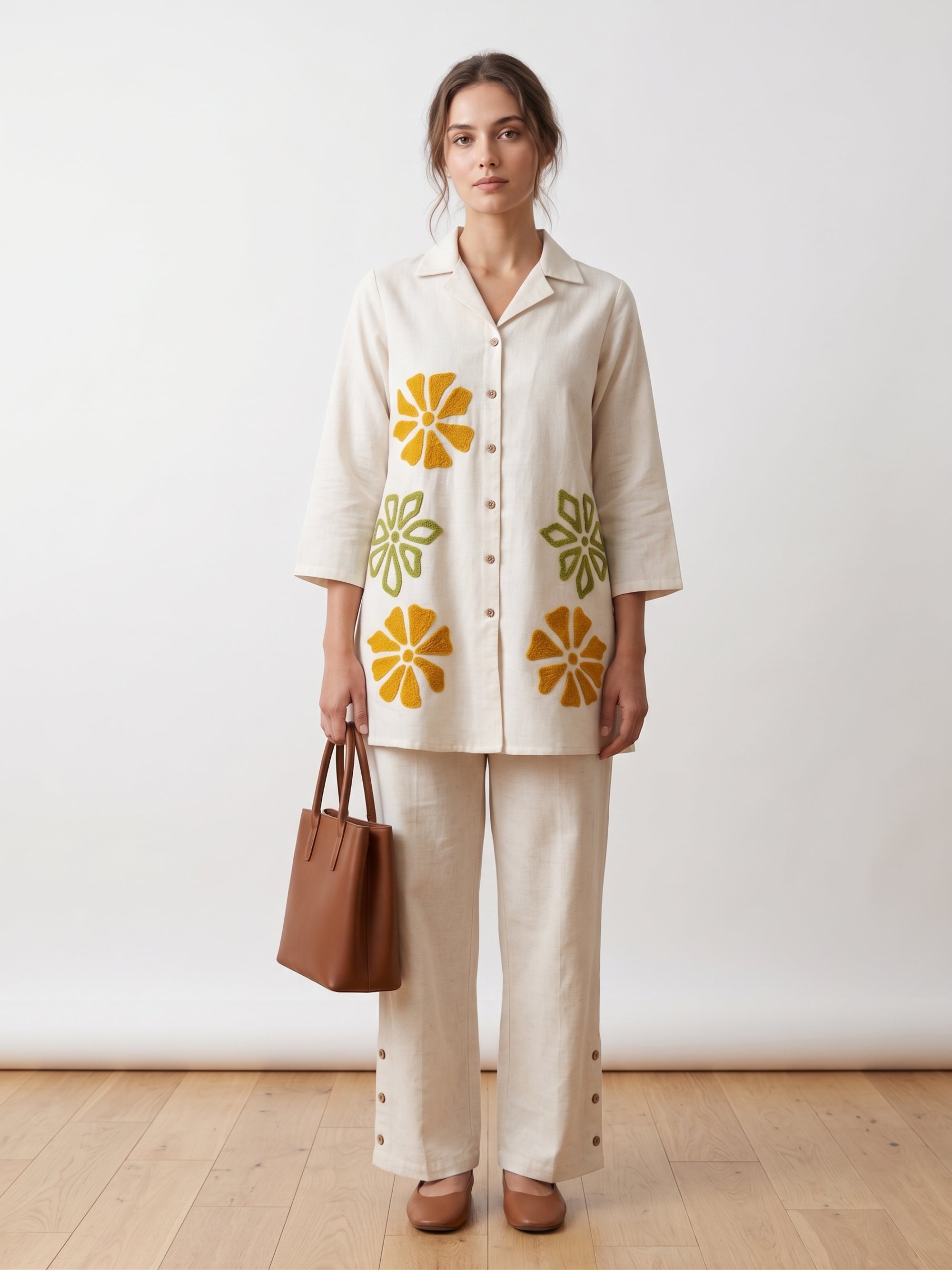 Off White Floral Embroidery Cotton Flex Co-ord Set