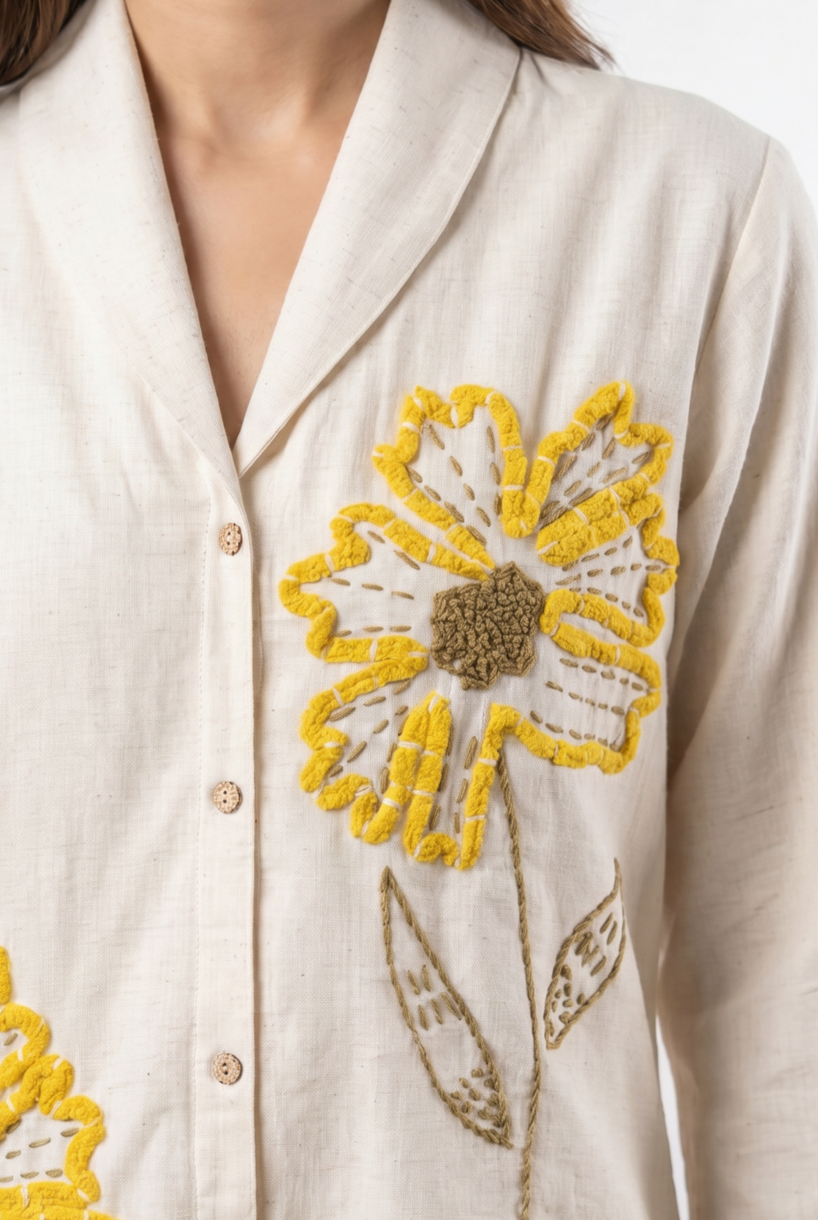 Off White Floral Applique Cotton Flex Co-Ord Set