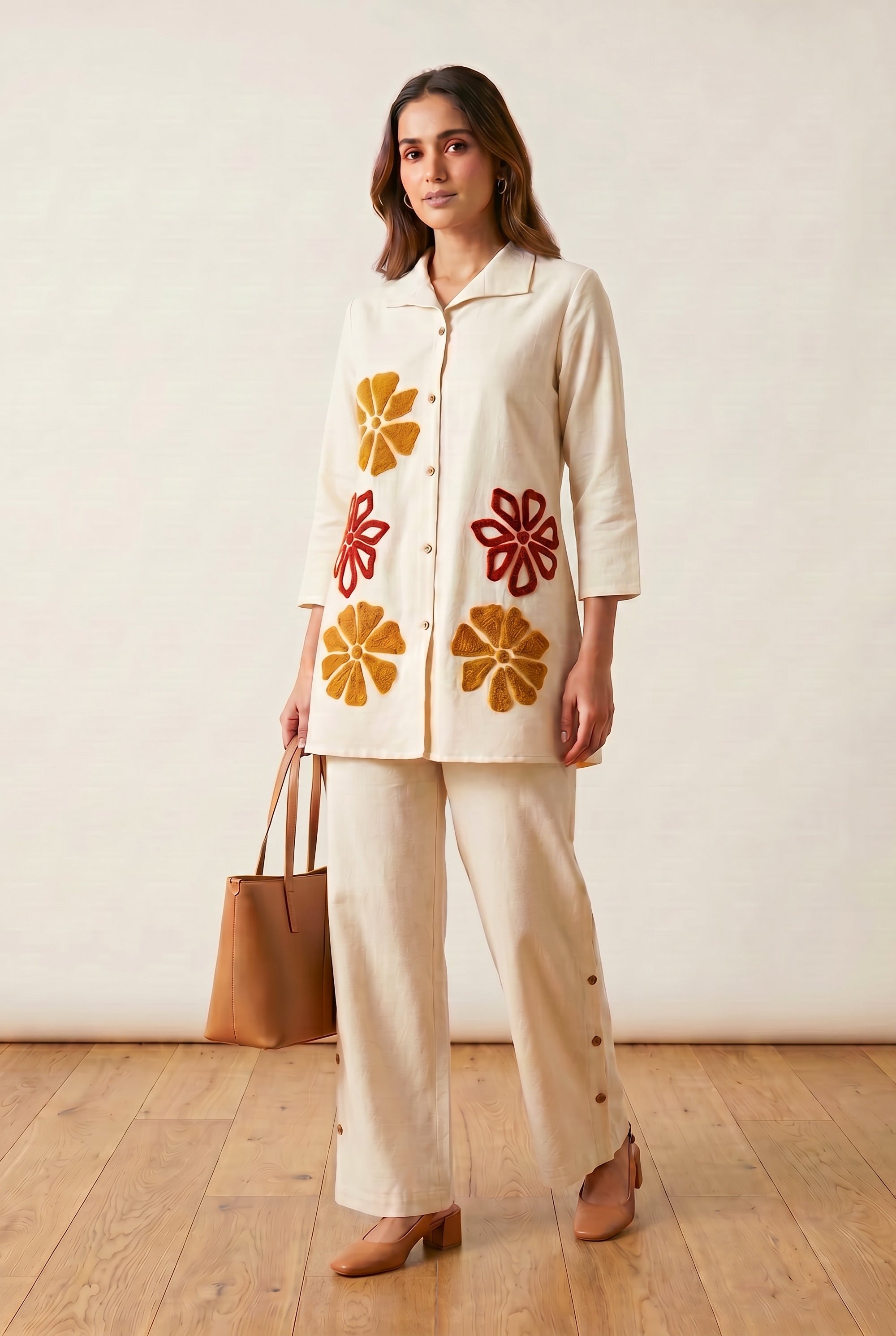Off White Floral Detail Shirt & Palazzo Embroidery Cotton Flex Co-ord Set