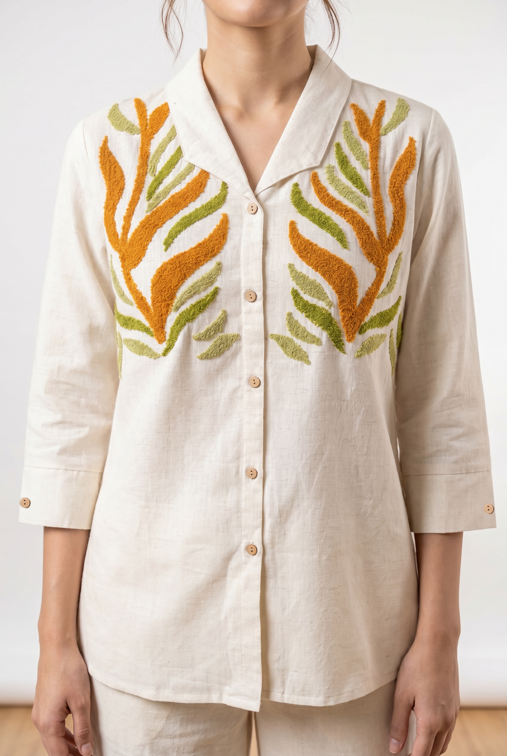 Off White Leaf Embroidered Cotton Co-Ord Set