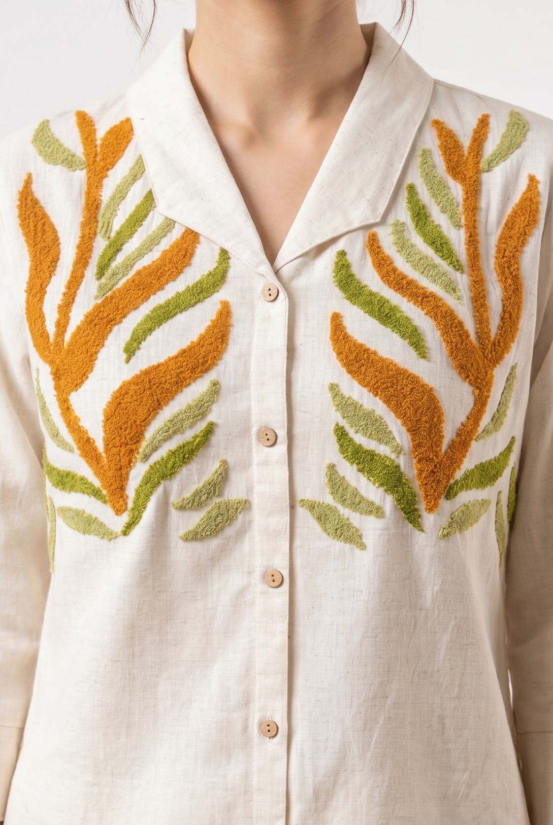 Off White Leaf Embroidered Cotton Co-Ord Set