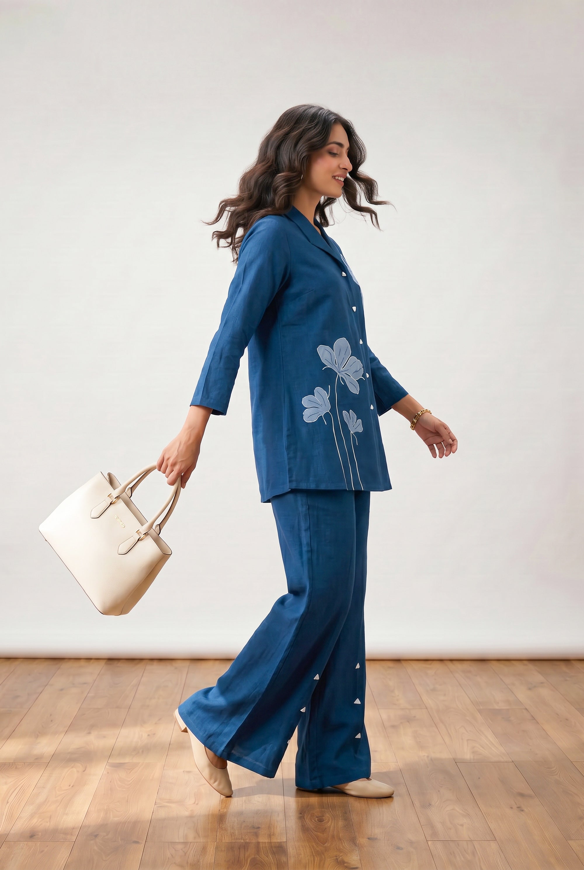 Blue Floral Embroidery Relaxed Fit Cotton Flex Co-ord Set