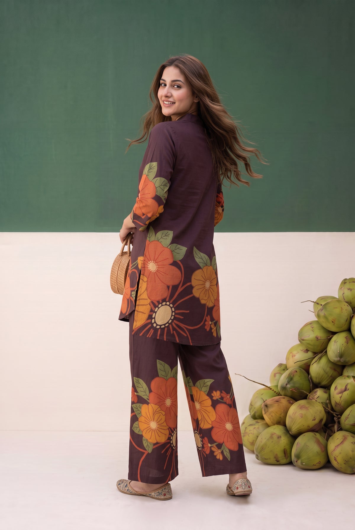 Brown Contrast Floral Printed Cotton Co-ord Set