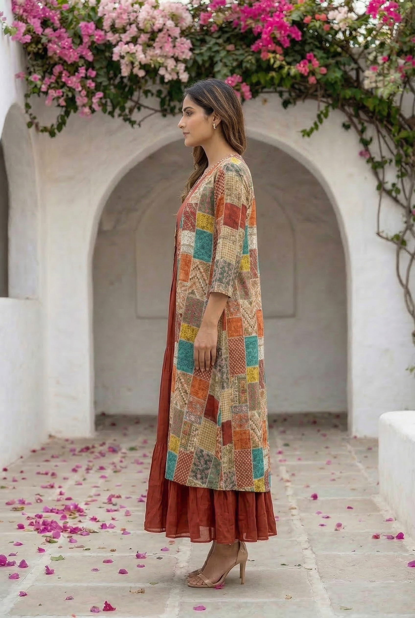 Multicolor Patchwork with Beige Anarkali Russian Silk Long Shrug Set