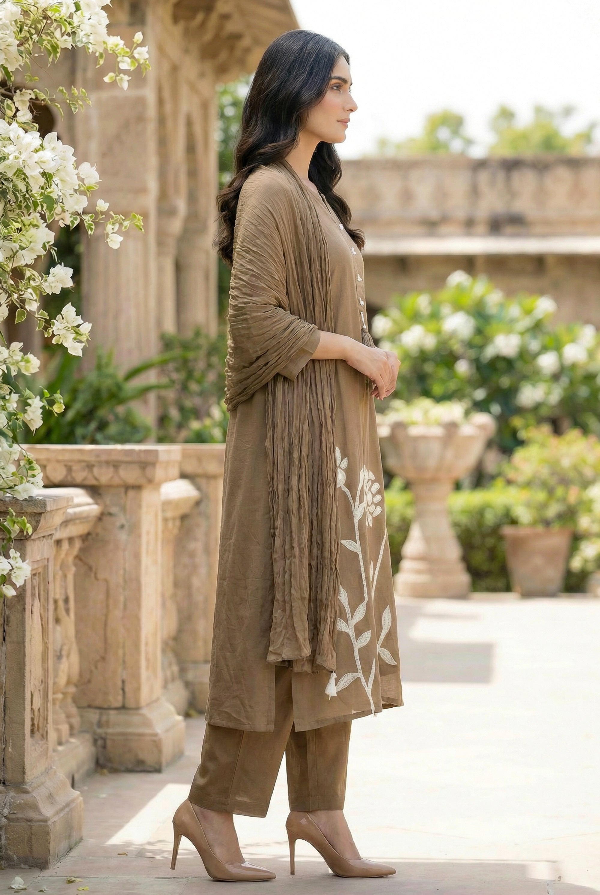 Brown Floral Embroidered Cotton Kurta Pant Set with Dupatta