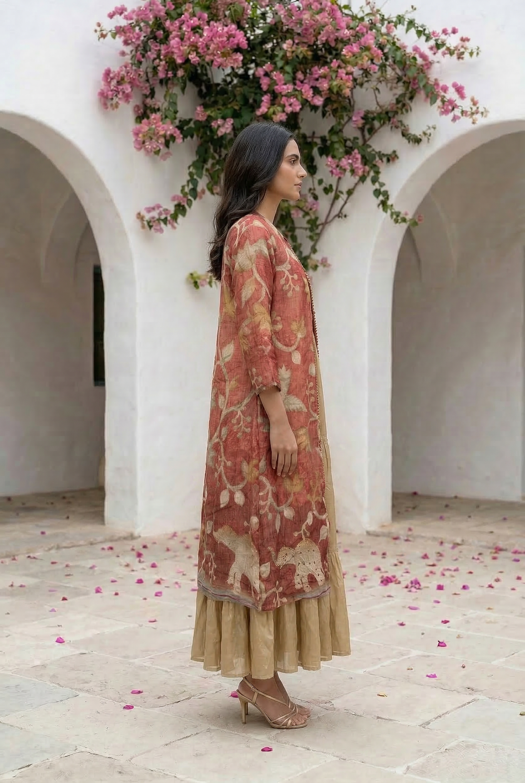 Maroon Flared Anarkali with Ethnic Printed Russian Silk Long Shrug Set