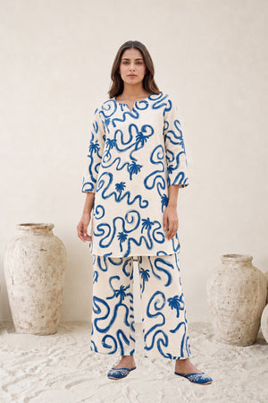 Off White Blue Wave Print Cotton Flex Co-ord Set