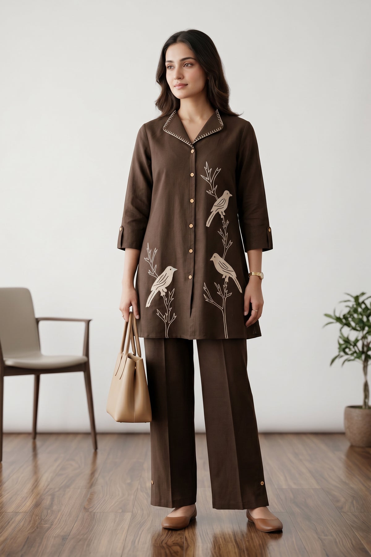 Brown Bird Motif Embroidery Shirt Collar Cotton Co-ord Set